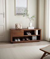 Solid wood entryway cabinet Singapore in walnut with pull-out drawer and open shoe shelves
