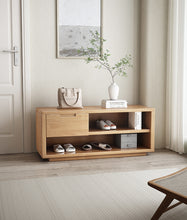 Load image into Gallery viewer, Low entryway cabinet in natural wood finish with drawer, shoe shelves and display top
