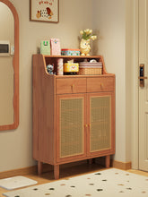Load image into Gallery viewer, Rattan shoe cabinet Singapore in cherry finish with display top, two drawers and cane doors