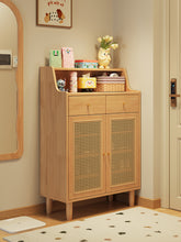 Load image into Gallery viewer, Natural wood rattan shoe cabinet with gallery display top and two drawers beside the front door