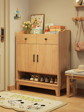 Load image into Gallery viewer, Natural wood shoe cabinet with two drawers at hand height and daily shoes on the open base shelf
