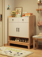 Load image into Gallery viewer, Two-tone natural white and timber shoe cabinet with drawers styled beside the front door