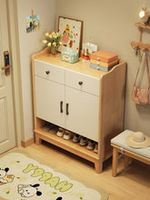 Load image into Gallery viewer, Natural white two-tone shoe cabinet with drawers, doors and open shoe shelf in a Singapore entryway