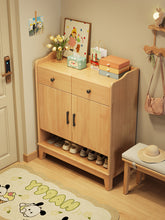 Load image into Gallery viewer, Solid wood shoe cabinet with two drawers and open base shelf in natural wood finish