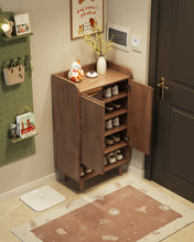 Load image into Gallery viewer, Wooden shoe cabinet Singapore in black walnut with two doors open showing five shelves of shoes