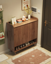 Load image into Gallery viewer, Wooden shoe cabinet Singapore in black walnut, three-door 100cm model with open base shelf
