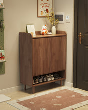 Load image into Gallery viewer, Wooden shoe cabinet in black walnut, two-door model with open base shelf