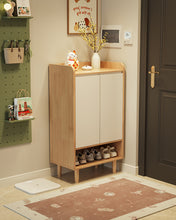 Load image into Gallery viewer, Two-door wooden shoe cabinet in natural white with open base shelf