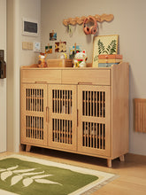Load image into Gallery viewer, Ventilated shoe cabinet in natural wood, 120cm three-door model with two top drawers
