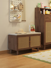 Load image into Gallery viewer, Shoe cabinet with seat Singapore in black walnut, cushioned settee top with woven doors