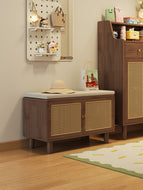 Shoe cabinet with seat Singapore in black walnut, cushioned settee top with woven doors