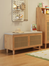 Load image into Gallery viewer, Shoe cabinet with seat in natural wood, cushioned settee top beside the front door