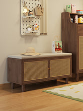 Load image into Gallery viewer, Black walnut shoe cabinet with seat, cushioned settee top in a Singapore entryway