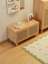Load image into Gallery viewer, Shoe cabinet with seat in natural wood, bare timber settee top with woven doors