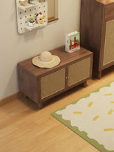Load image into Gallery viewer, Black walnut shoe cabinet with seat, solid timber settee top and woven doors