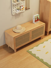 Load image into Gallery viewer, Natural wood shoe cabinet with seat, timber settee top and woven cane-pattern doors