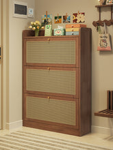 Load image into Gallery viewer, Black walnut narrow shoe cabinet, 83cm wide with woven cane-pattern fronts
