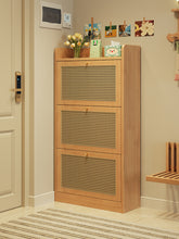 Load image into Gallery viewer, Natural wood narrow shoe cabinet with display top and raised back edge