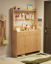 Load image into Gallery viewer, Tall shoe cabinet Singapore in natural wood, 180cm hallstand with coat hooks and display shelf