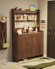 Load image into Gallery viewer, Tall shoe cabinet in black walnut, 120cm three-door hallstand with peg rail and open base