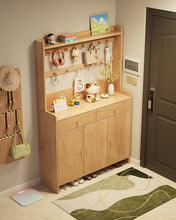 Load image into Gallery viewer, Natural wood tall shoe cabinet, 120cm three-door hallway organiser with two-row peg rail