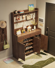 Load image into Gallery viewer, Tall shoe cabinet in black walnut with doors open showing five tiers of shoe shelves
