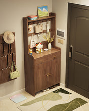 Load image into Gallery viewer, Tall shoe cabinet in black walnut, 80cm two-door model with coat hooks and open base
