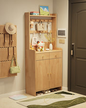 Load image into Gallery viewer, Natural wood tall shoe cabinet, 80cm two-door hallway organiser with peg rail