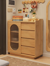 Load image into Gallery viewer, Shoe cabinet with sliding door in natural wood, 82cm console with fluted glass and drawers