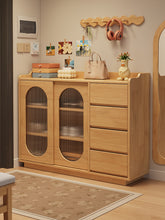 Load image into Gallery viewer, Natural wood shoe cabinet with two sliding fluted-glass doors, 122cm entryway console