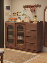 Load image into Gallery viewer, Black walnut shoe cabinet with two sliding fluted-glass doors and four drawers, 122cm