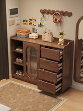 Load image into Gallery viewer, Sliding-door shoe cabinet with the door slid open showing shoe shelves and all four drawers out
