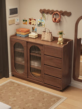 Load image into Gallery viewer, Sliding-door shoe cabinet in black walnut, 122cm console beside a hallway mirror