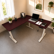 Load image into Gallery viewer, ErgoFlex L-shaped standing desk in Mahogany laminate with white legs