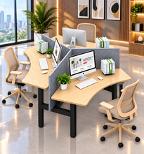 Load image into Gallery viewer, TriFlex Workstation three-person 120-degree cluster in maple laminate with black legs and grey partitions