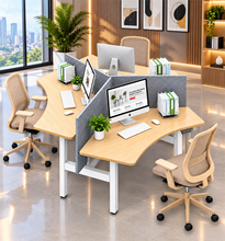Load image into Gallery viewer, TriFlex Workstation three-person 120-degree cluster in maple laminate with white legs and grey partitions