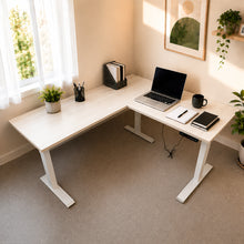 Load image into Gallery viewer, ErgoFlex L-shaped standing desk in Maple laminate with white legs