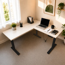 Load image into Gallery viewer, ErgoFlex L-shaped standing desk in Maple laminate with black legs
