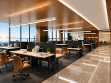 Load image into Gallery viewer, ProStation office workstation with maple desktops and black frames in an open-plan office