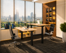 Load image into Gallery viewer, ProStation office workstation, maple desktops on black frames, two stations back to back