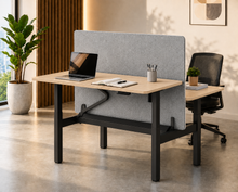 Load image into Gallery viewer, ProStation office workstation with maple desktop, black frame and grey acoustic divider panel