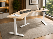 Load image into Gallery viewer, TriFlex Single 120-degree standing desk in natural wood laminate with white legs