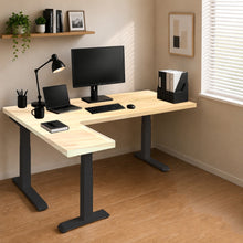 Load image into Gallery viewer, Left-return solid wood L-shaped standing desk, natural rubberwood top with black steel legs