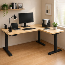 Load image into Gallery viewer, Right-return solid wood L-shaped standing desk, natural rubberwood top with black steel legs