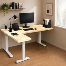 Load image into Gallery viewer, Left-return solid wood L-shaped standing desk, natural rubberwood top with white steel legs
