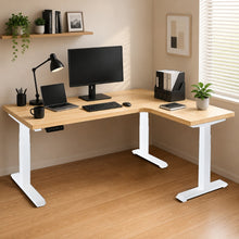 Load image into Gallery viewer, Right-return solid wood L-shaped standing desk, natural rubberwood top with white steel legs