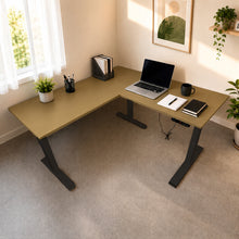 Load image into Gallery viewer, ErgoFlex L-shaped standing desk in Teak laminate with black legs