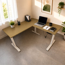 Load image into Gallery viewer, ErgoFlex L-shaped standing desk in Teak laminate with white legs
