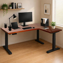 Load image into Gallery viewer, Right-return solid wood L-shaped standing desk, walnut-finish top with black steel legs