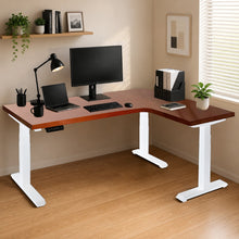 Load image into Gallery viewer, Right-return solid wood L-shaped standing desk, walnut-finish top with white steel legs